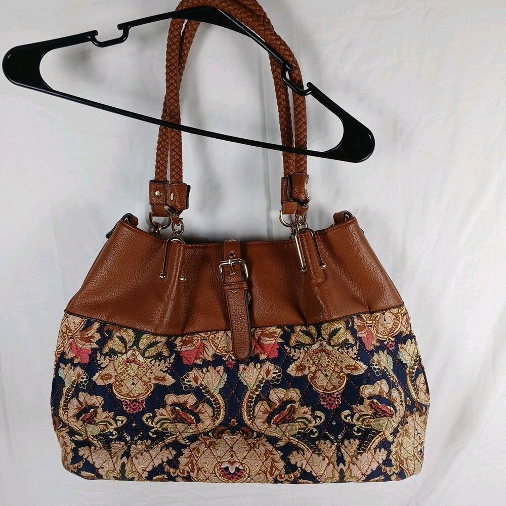 Black Rivet Floral Tapestry Shoulder Bag with Brown Leather Trim